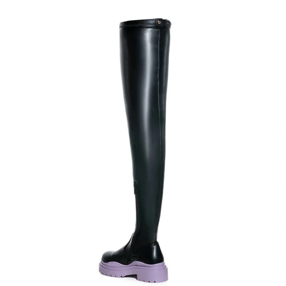 AZALEA WANG Black & Periwinkle Purple Thigh High Stretch Boots